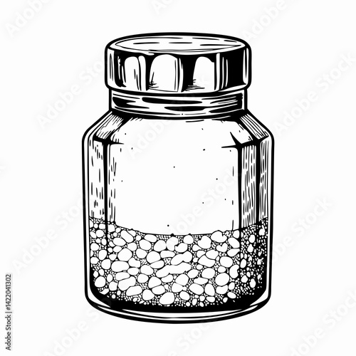 Detailed Illustration of a Glass Jar Filled with Pebbles, Capturing Nature's Texture and Beauty in a Minimalist Style, Symbolizing Containment and Natural Elements.