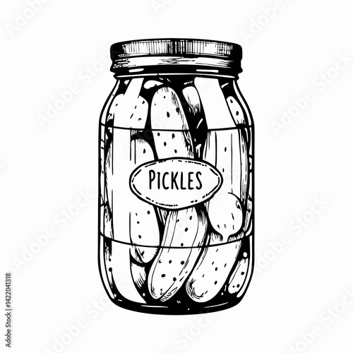 Hand-drawn illustration of a jar filled with pickles showcasing the unique pickling process against a simple background, representing home preservation and culinary creativity.