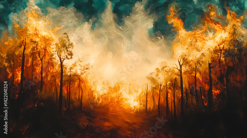 Obraz na płótnie Forest fire, with the air above the burning ground warped and the surroundings shimmering from the intensity of the flames. Shimmering Warp. Illustration w salonie