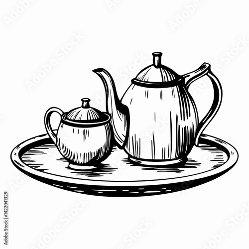Stylish teapot and sugar bowl set resting on a platter in a vintage illustration, representing elegance and tradition in serving tea.