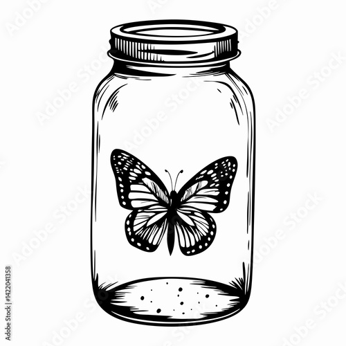 A beautiful butterfly captured in a glass jar, showcasing intricate wings on a white background, representing the fragility of nature and the beauty of transformation.