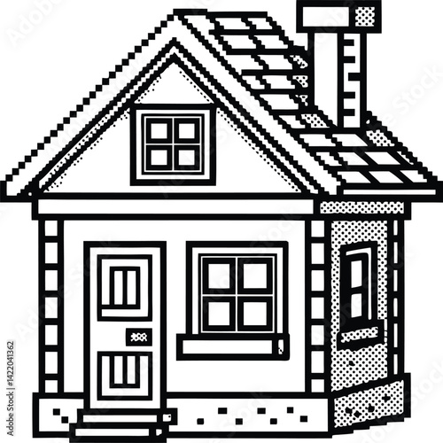 Pixelated Black and White Illustration of a Cozy Cottage