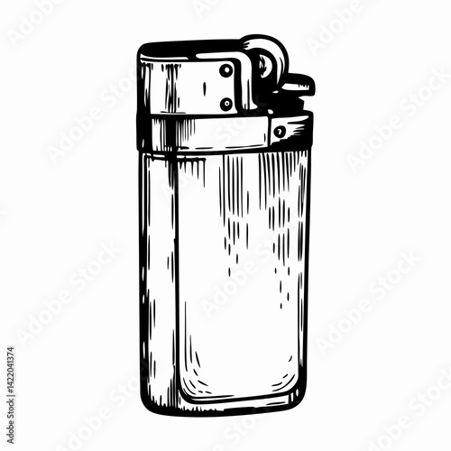 Classic lighter illustration in black and white featuring detailed textures, representing functionality and everyday use for igniting flames.