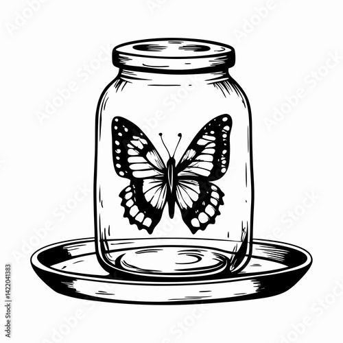 Elegant butterfly captured in a glass jar resting on a plate, symbolizing beauty and transformation in a minimalist black-and-white style.