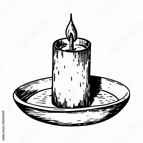 Stylized candle glowing softly in a dish representing warmth and tranquility in a minimalist monochrome design.