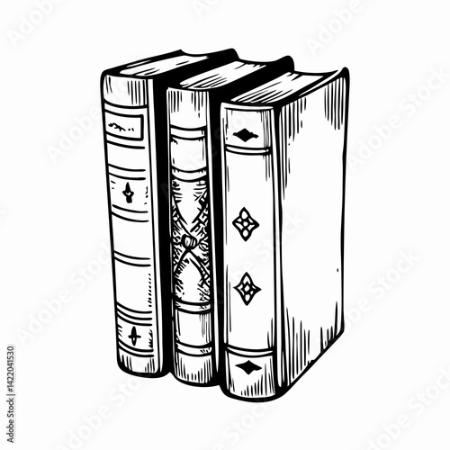 Three vintage books standing on a shelf, showcasing intricate covers, symbolizing knowledge, history, and the joy of reading in a classic style.