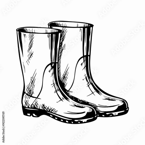 Stylish rubber boots designed for rain or gardening with a sketch-style illustration representing practicality and comfort in wet conditions.