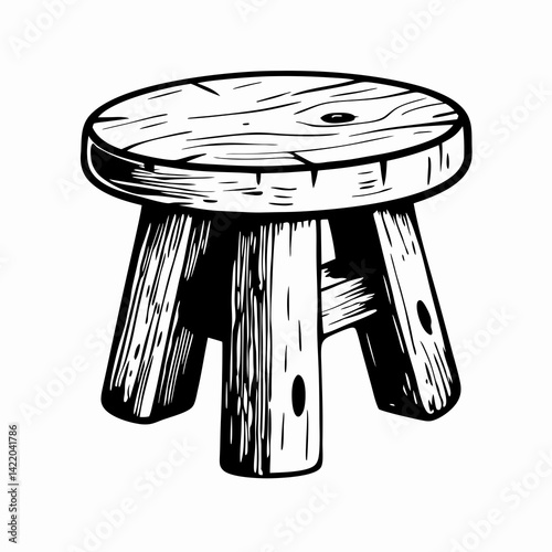 Rustic wooden stool in a minimalist black and white design, showcasing craftsmanship, simplicity, and functionality in home decor.