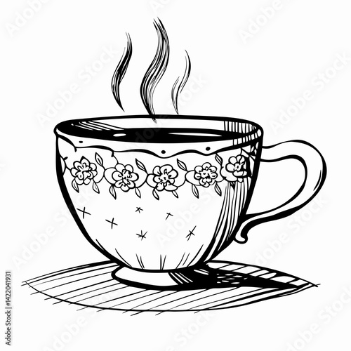 Stylish tea cup with steam rising, placed on a surface, symbolizing comfort and warmth in cozy settings.