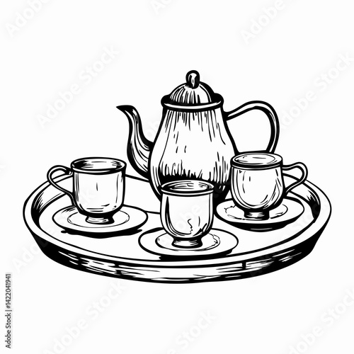 Elegant Tea Set on Tray Featuring Teapot and Cups in Traditional Style Representing Hospitality and Social Gatherings