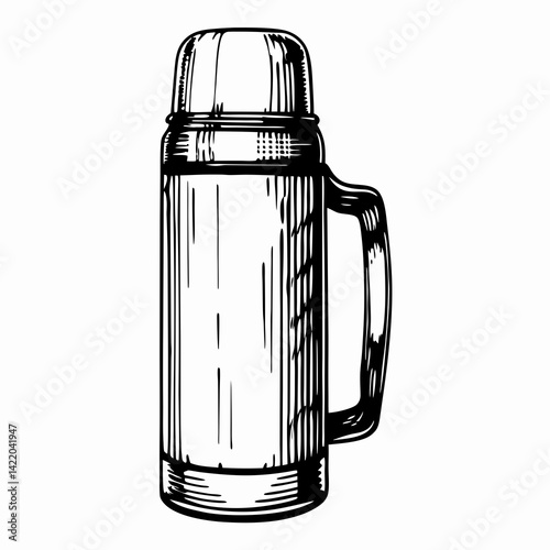 Vintage Thermos Flask Containing Hot Beverage in Classic Design Representing Outdoor Adventures and Comfort