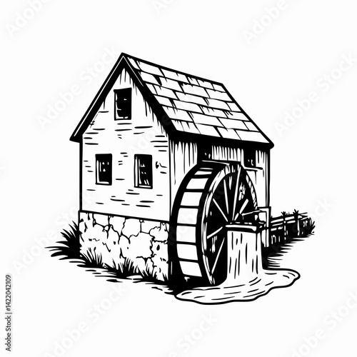 Charming watermill illustration showcasing traditional craftsmanship with flowing water and rustic architecture, representing an idyllic countryside lifestyle.