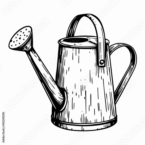 Illustration of a vintage watering can with a spout, showcasing its design against a white background, representing gardening and nurturing plants.