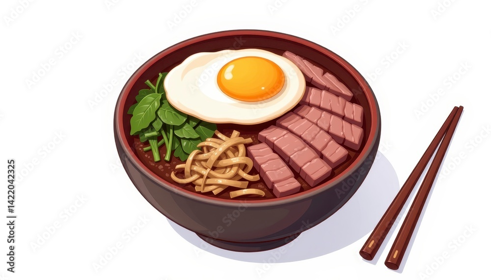 Delicious bowl of ramen with egg, tender meat, and fresh greens on a clean white background for food design Delicious bowl of ramen with egg, tender meat, and fresh greens on a clean white background for food design
