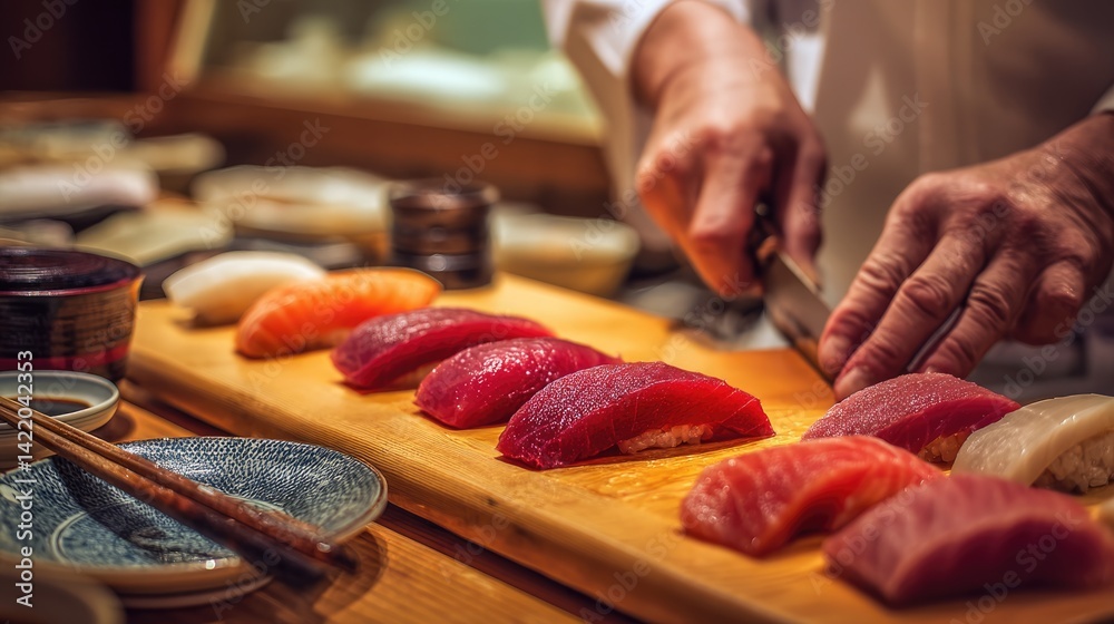 Sushi preparation with chef's hands on a wooden board.