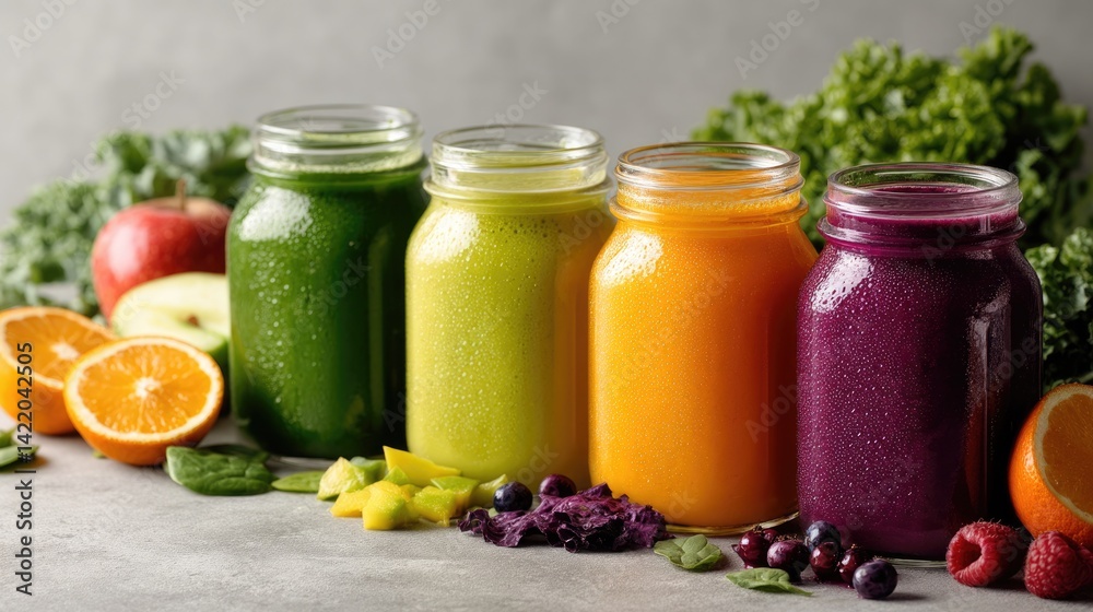 Colorful jars of juice surrounded by fresh fruits and greens.