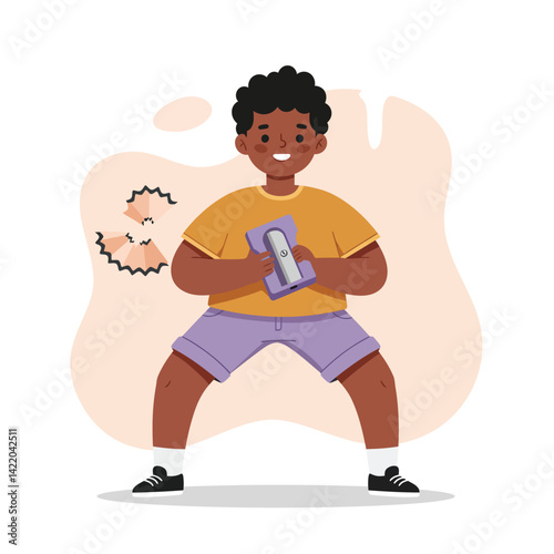 Boy playing with handheld gaming device in casual clothing smiling happily indoors digital entertainment scene 