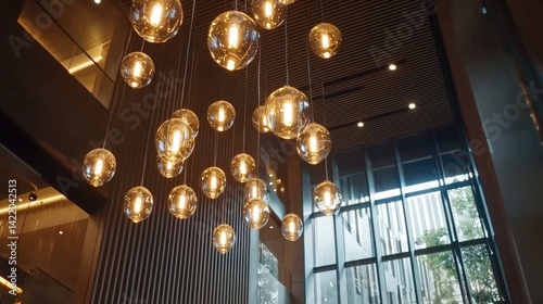 Modern interior with stylish hanging lights and large windows.