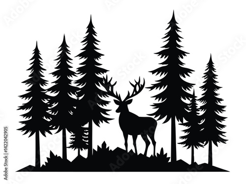 Silhouette of a deer with pine trees and forest scenery. Rainder and forest scenery, Deer with pine trees and forest silhouette vector