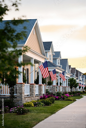 charming houses with american flags on their porches at sunset
