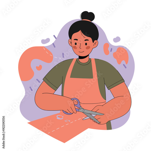 Woman cutting fabric with scissors sewing and crafting hobby activity in apron natural colors 
