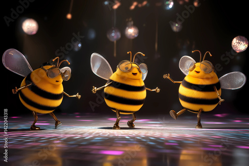 Dancing bees create joyful atmosphere in this vibrant abstract background, showcasing their playful nature and lively spirit. scene is filled with colorful lights and festive vibe