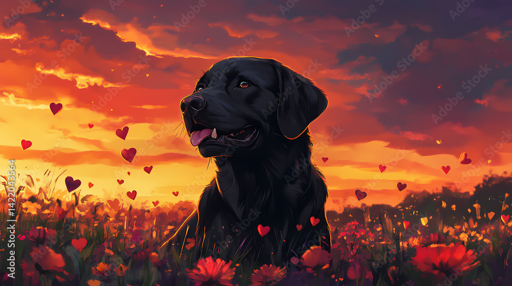 Sweet dreams black dog in a flower field at sunset with falling hearts. Wraith-Touched Tapestry. Illustration