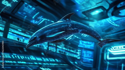 A dolphin is flying through a digital space. The dolphin is surrounded by a blue background and is the main focus of the image