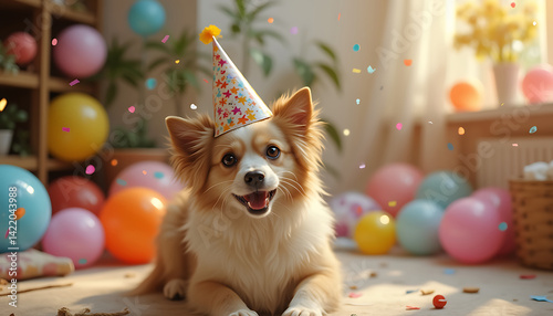Adorable puppy wearing a party hat celebrates a birthday with confetti and balloons, capturing the essence of joy and festive spirit