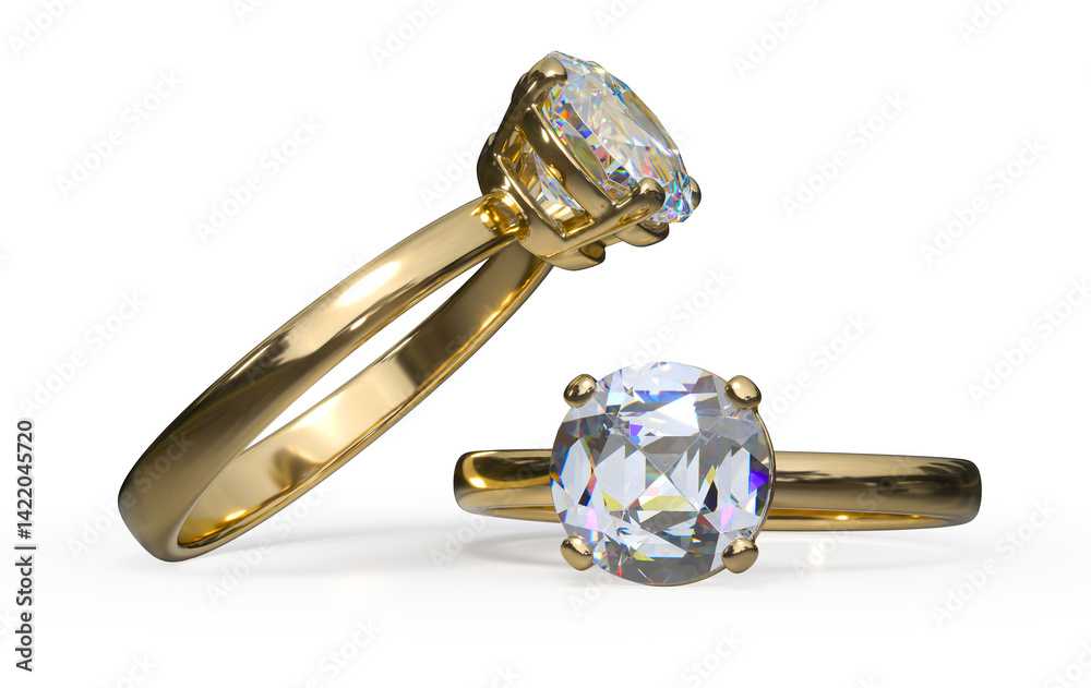 Close-up of gold rings with round clear diamond. 3d illustration on white background Close-up of gold rings with round clear diamond. 3d illustration on white background