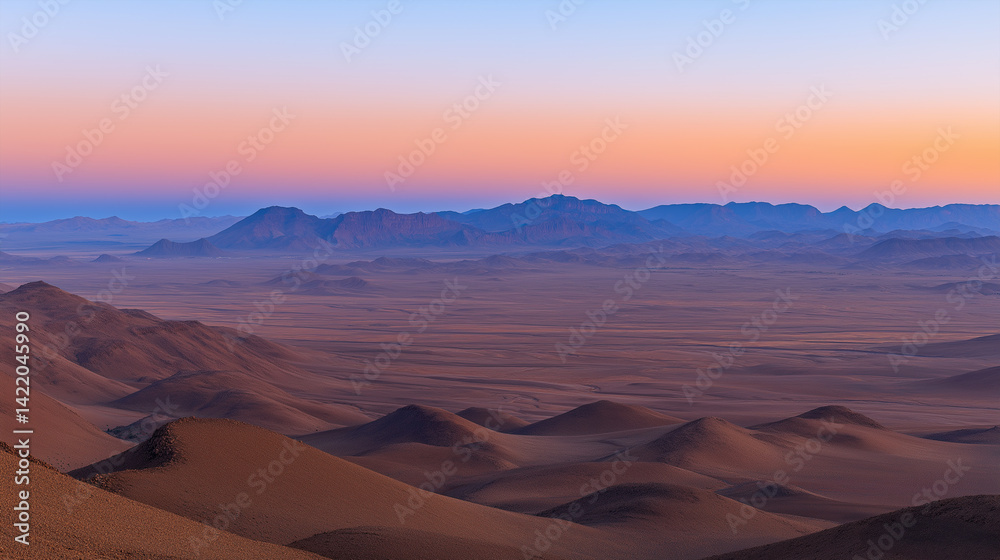 Naklejka premium Desert Landscape at Sunset: A breathtaking panorama captures the vastness of the desert under a stunning sunset sky, with rolling dunes and distant mountains silhouetted against the vibrant colors.
