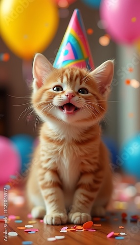 Joyful red kitten celebrating a birthday party, adorned with a party hat, surrounded by confetti and balloons, capturing the essence of fun and festive vibes.