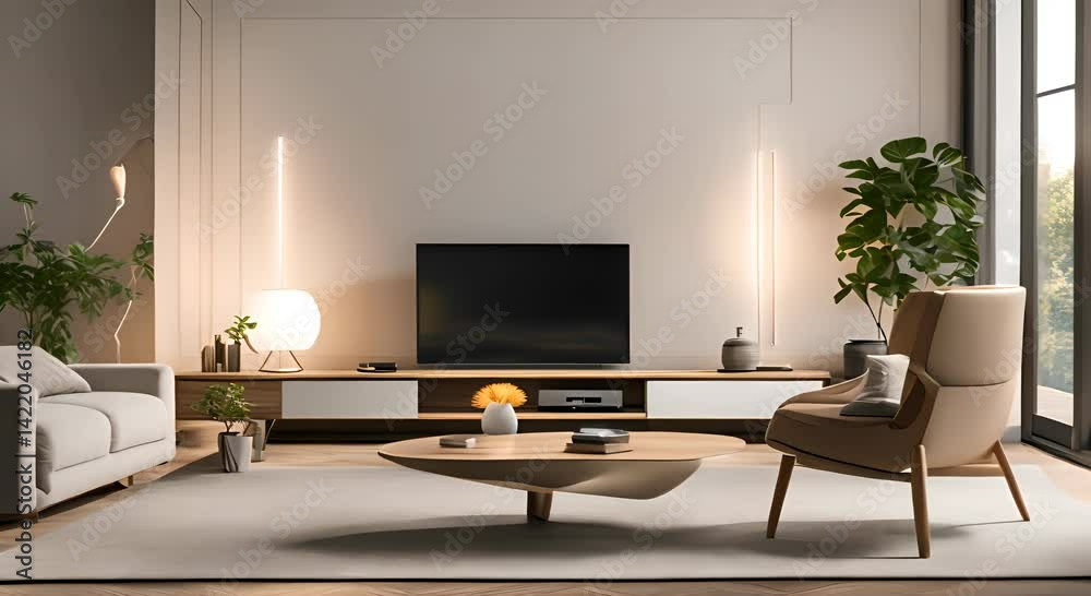Smart Home Harmony A sleek modern audio device takes center stage on a wooden coffee table in a well lit living room 4K Smart Home Harmony A sleek modern audio device takes center stage on a wooden coffee table in a well lit living room 4K