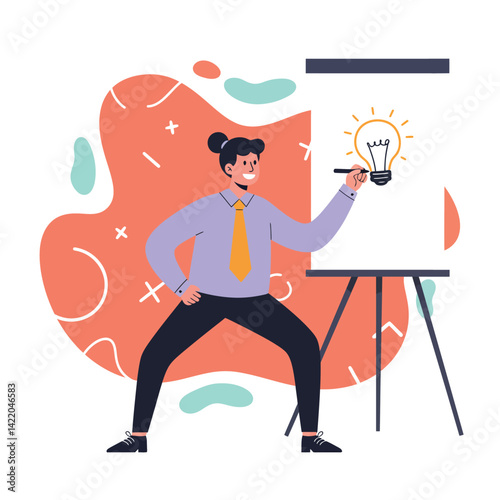 Businessman presenting creative light bulb idea on flip chart in modern office setting for innovation
