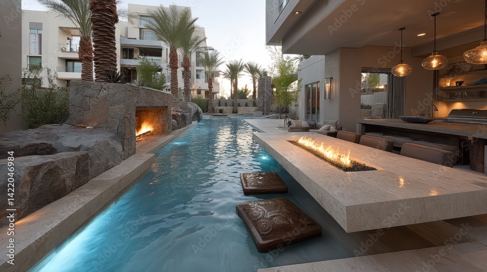 Obraz premium Modern Pool House with Integrated Fire Pit and Seating