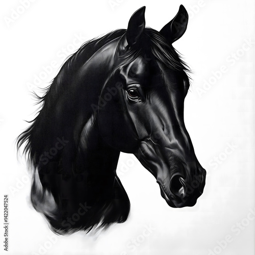 Elegant portrait of a black horse head against a white background