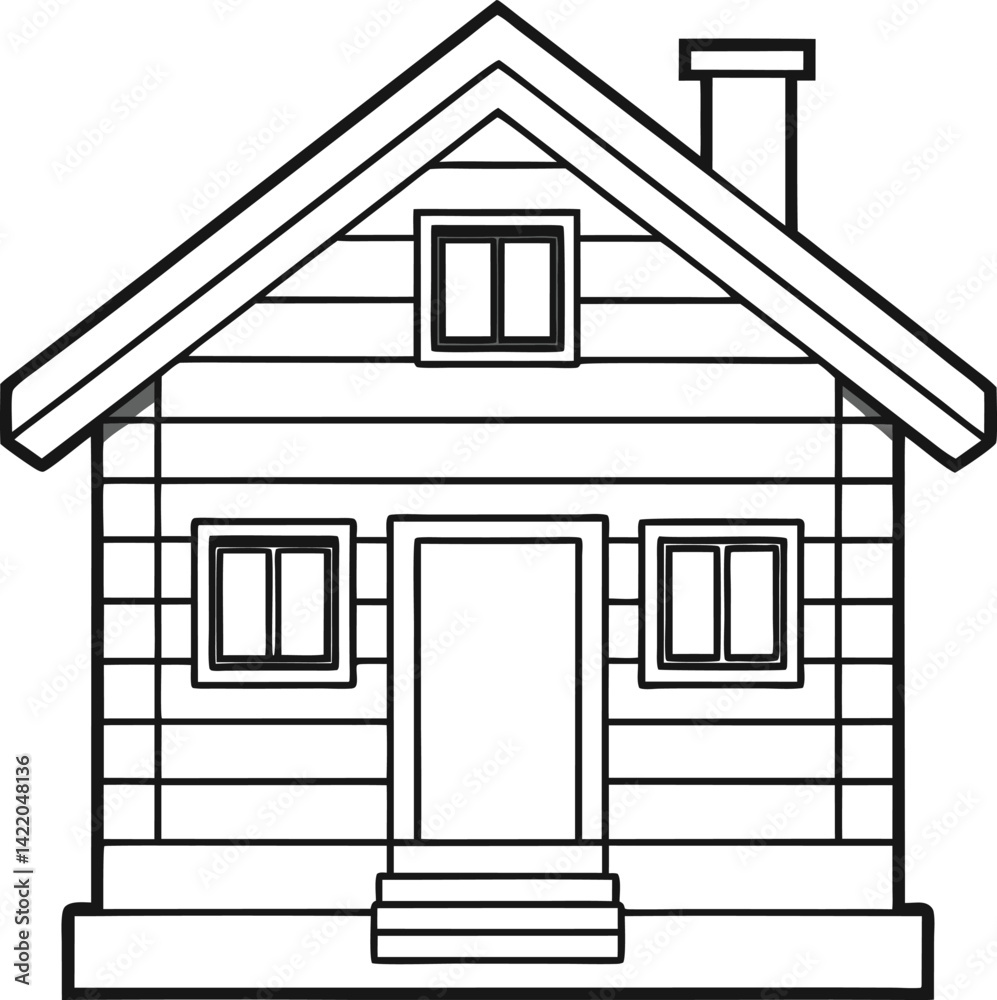 Simple black and white illustration of a charming log cabin. Simple black and white illustration of a charming log cabin.