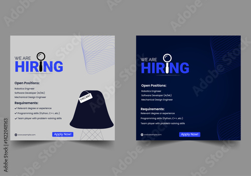 We are hiring recruitment announcement vector template job vacancy social media post design and web banner layout for employment promotion