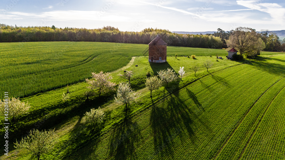 drone footage of historic windmill and blooming trees in czech countryside
