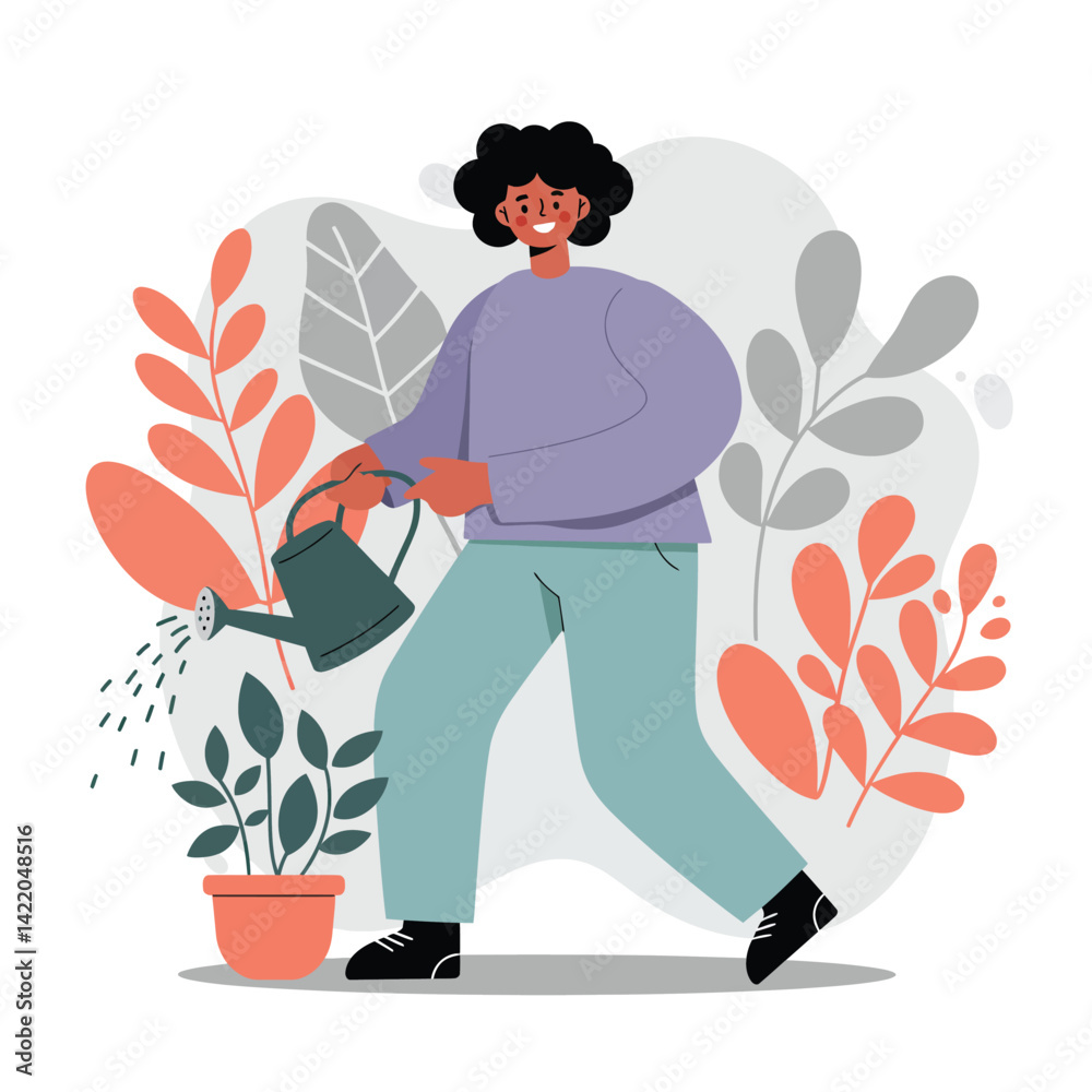 Person watering green potted plant with watering can surrounded by orange and gray foliage in casual outfit Person watering green potted plant with watering can surrounded by orange and gray foliage in casual outfit