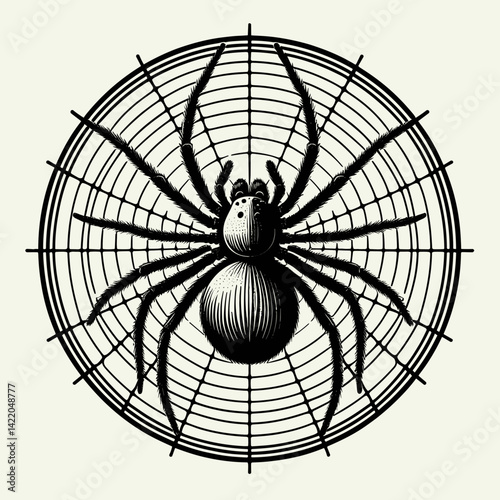Detailed spider illustration on a web representing nature and creepy crawlies