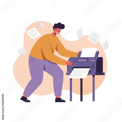 Man Using Printer with Papers Flying Around Busy Office Environment Illustration 