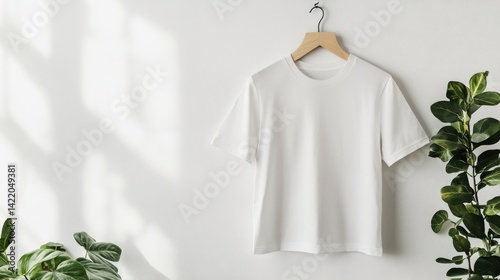 white t-shirt mock-up on a hanger , flat lay , on a darn white background , with plants nearby , aerial view.