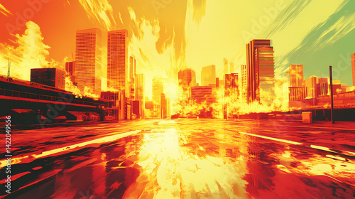 Heatwave in a city, with mirage effects visible on the hot asphalt generative ai. Mirage Flood. Illustration