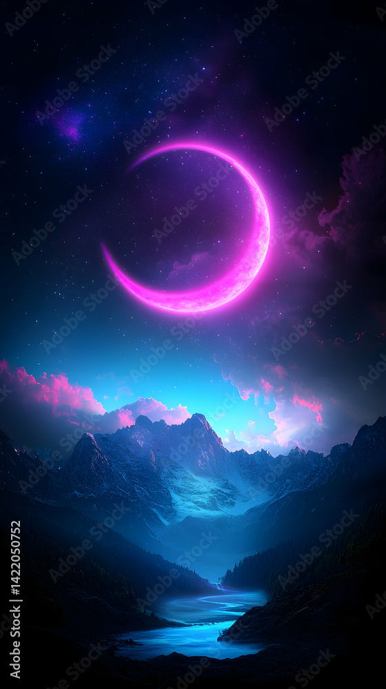 Fototapeta premium Crescent Moon Over Mountains at Night