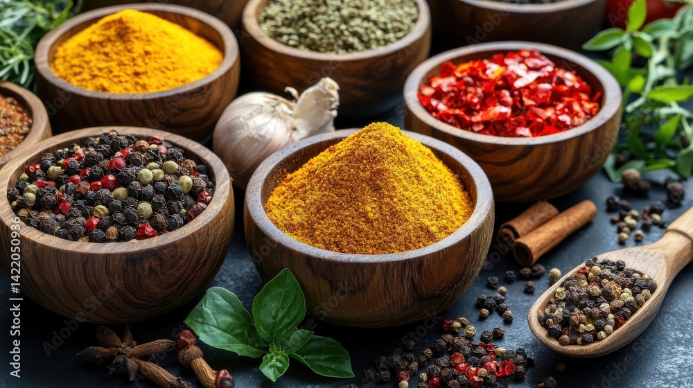 Fototapeta premium Wide food recipe banner image of different types Asian of spices in wooden bowls.