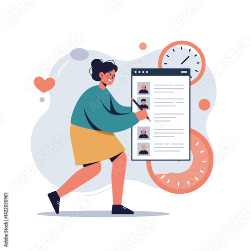 Woman interacting with digital contact list and clocks symbolizing time management and communication efficiency