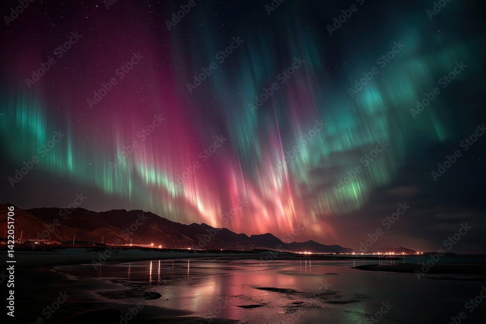Naklejka premium Turquoise and Magenta Auroras Dance Above Distant Planet in Starlit Silence