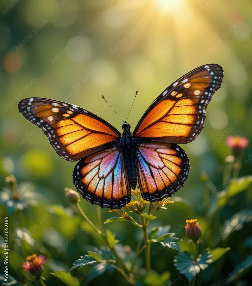 Fototapeta premium A vibrant butterfly with intricate patterns rests delicately atop a cluster of colorful flowers, showcasing its delicate wings while surrounded by lush green foliage in a sunlit garden.