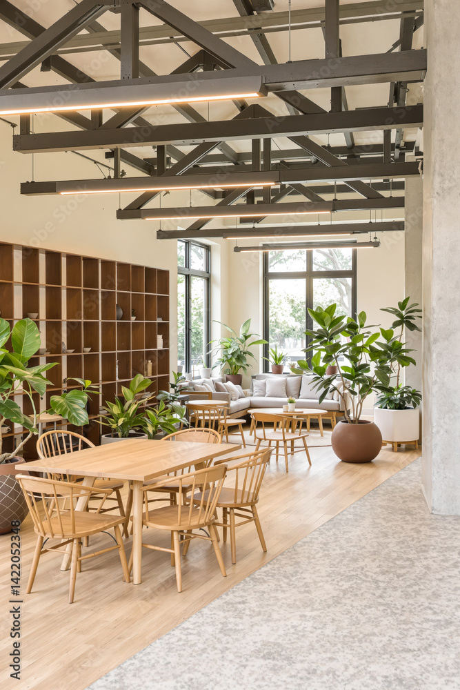 Fototapeta premium modern and bright interior featuring light wood furniture and abundant plants